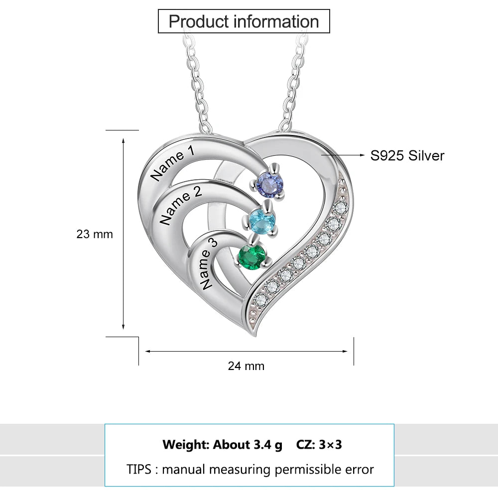 Personalisierte Herz-Halskette aus 925er Sterlingsilber mit Geburtssteinen und individueller Namensgravur - Mija Esro