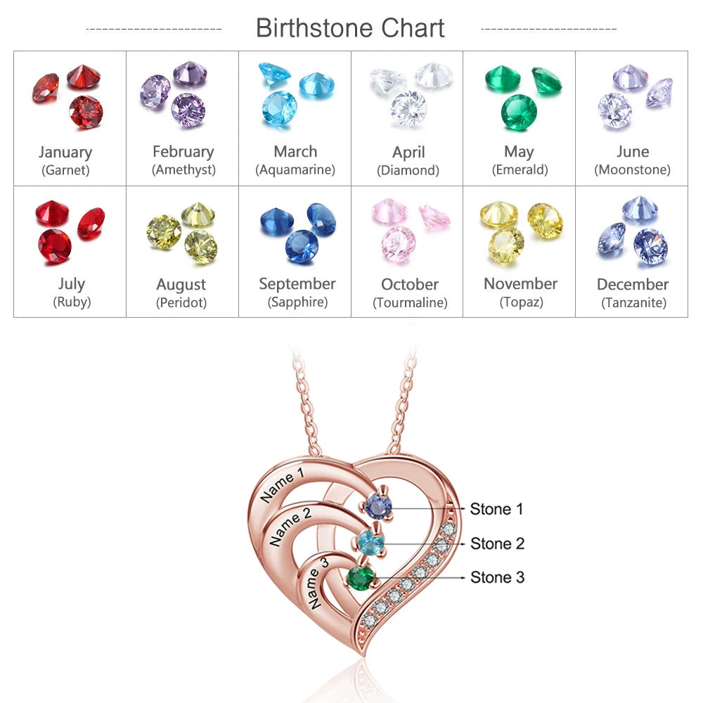 Personalisierte Herz-Halskette aus 925er Sterlingsilber mit Geburtssteinen und individueller Namensgravur - Mija Esro
