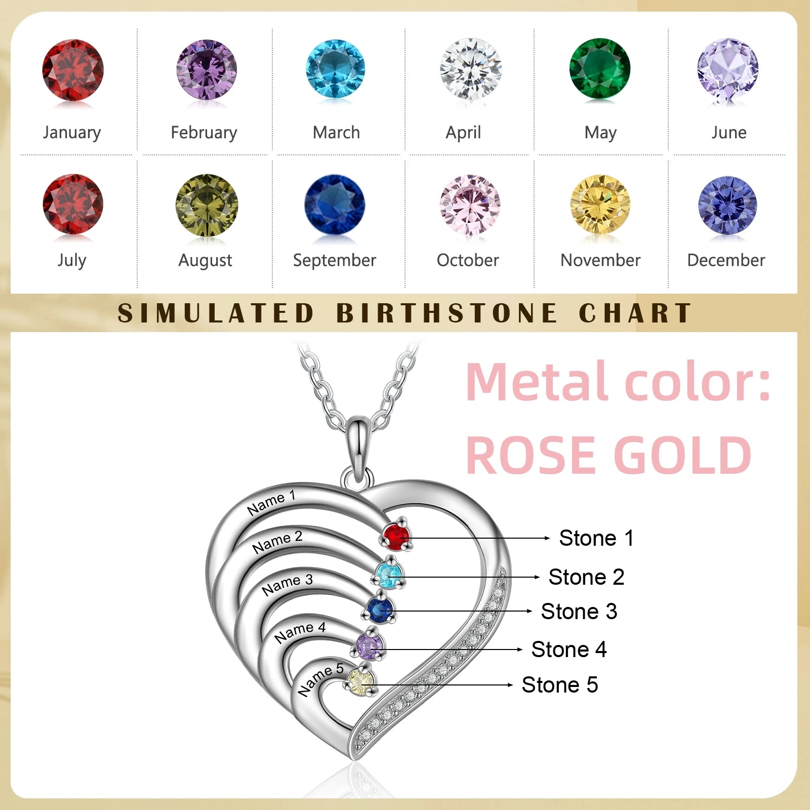 Personalisierte Herz-Halskette aus 925er Sterlingsilber mit Geburtssteinen und individueller Namensgravur - Mija Esro