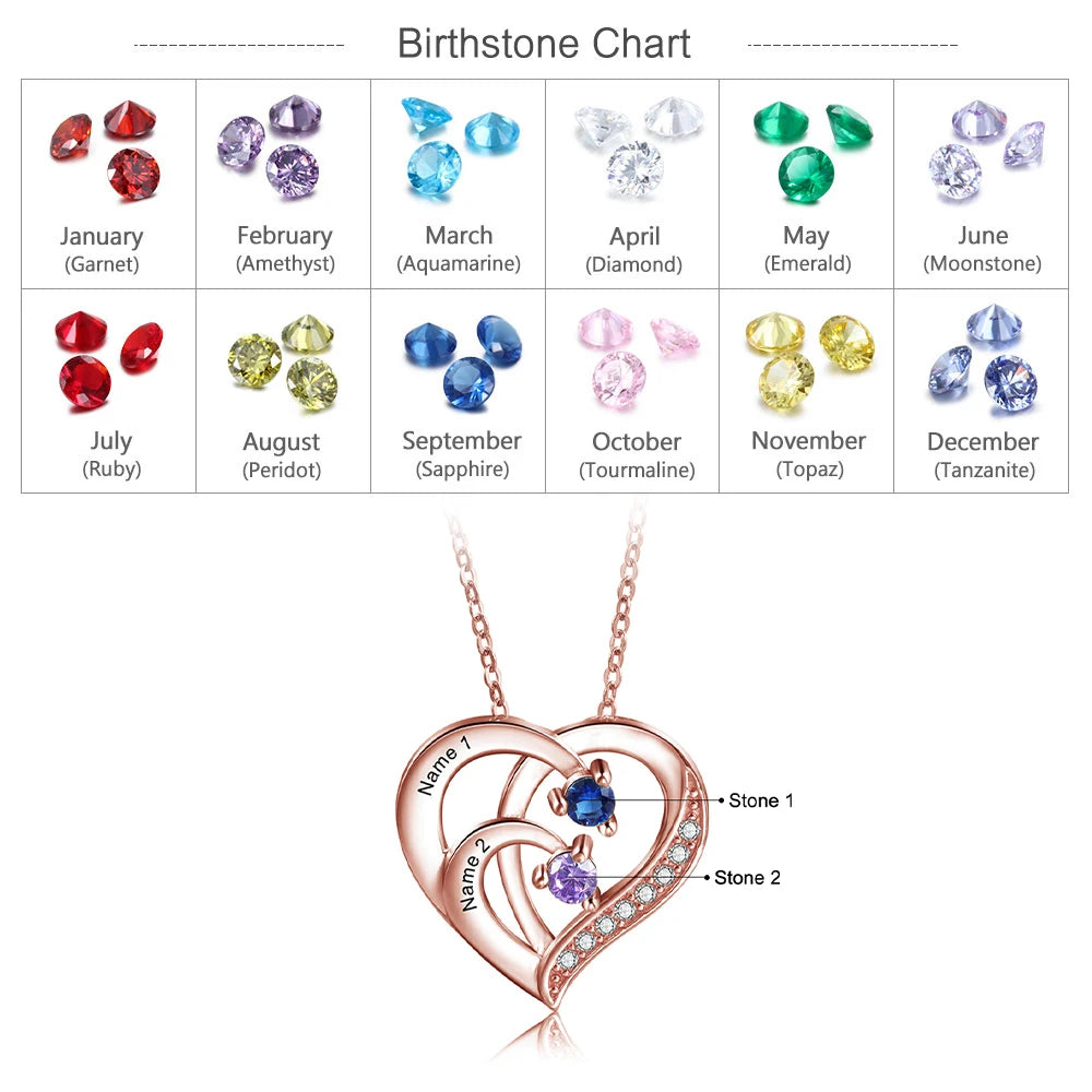 Personalisierte Herz-Halskette aus 925er Sterlingsilber mit Geburtssteinen und individueller Namensgravur - Mija Esro
