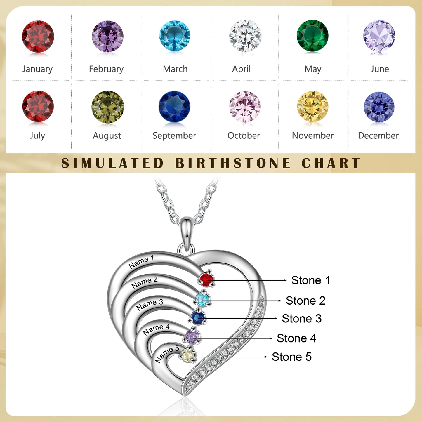 Personalisierte Herz-Halskette aus 925er Sterlingsilber mit Geburtssteinen und individueller Namensgravur - Mija Esro