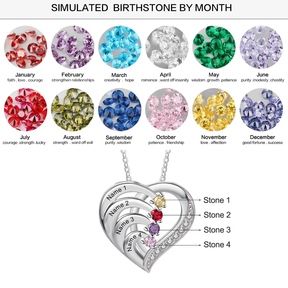 Personalisierte Herz-Halskette aus 925er Sterlingsilber mit Geburtssteinen und individueller Namensgravur - Mija Esro