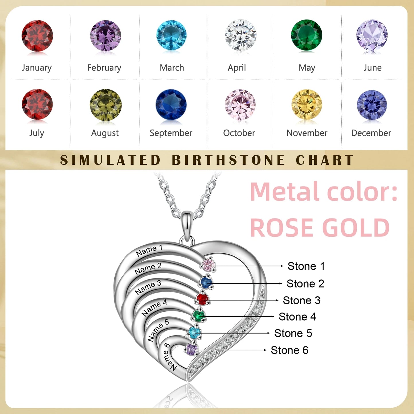 Personalisierte Herz-Halskette aus 925er Sterlingsilber mit Geburtssteinen und individueller Namensgravur - Mija Esro