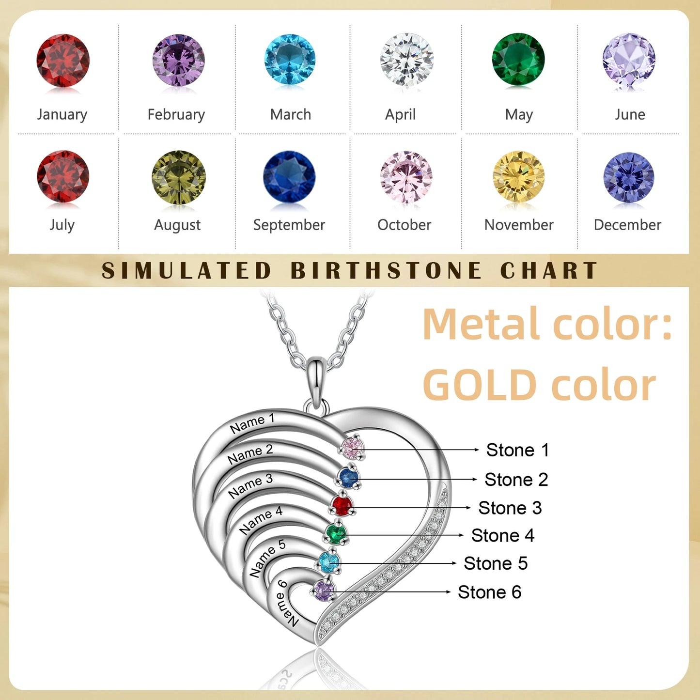 Personalisierte Herz-Halskette aus 925er Sterlingsilber mit Geburtssteinen und individueller Namensgravur - Mija Esro